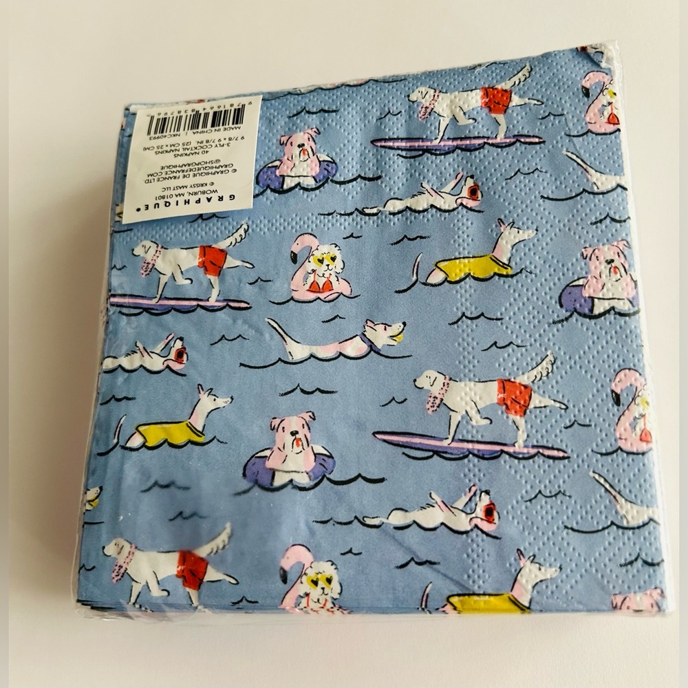 New 40 Graphique Paper Cocktail Napkins Dogs Ocean Surfing Swimmimg - Picture 15 of 16